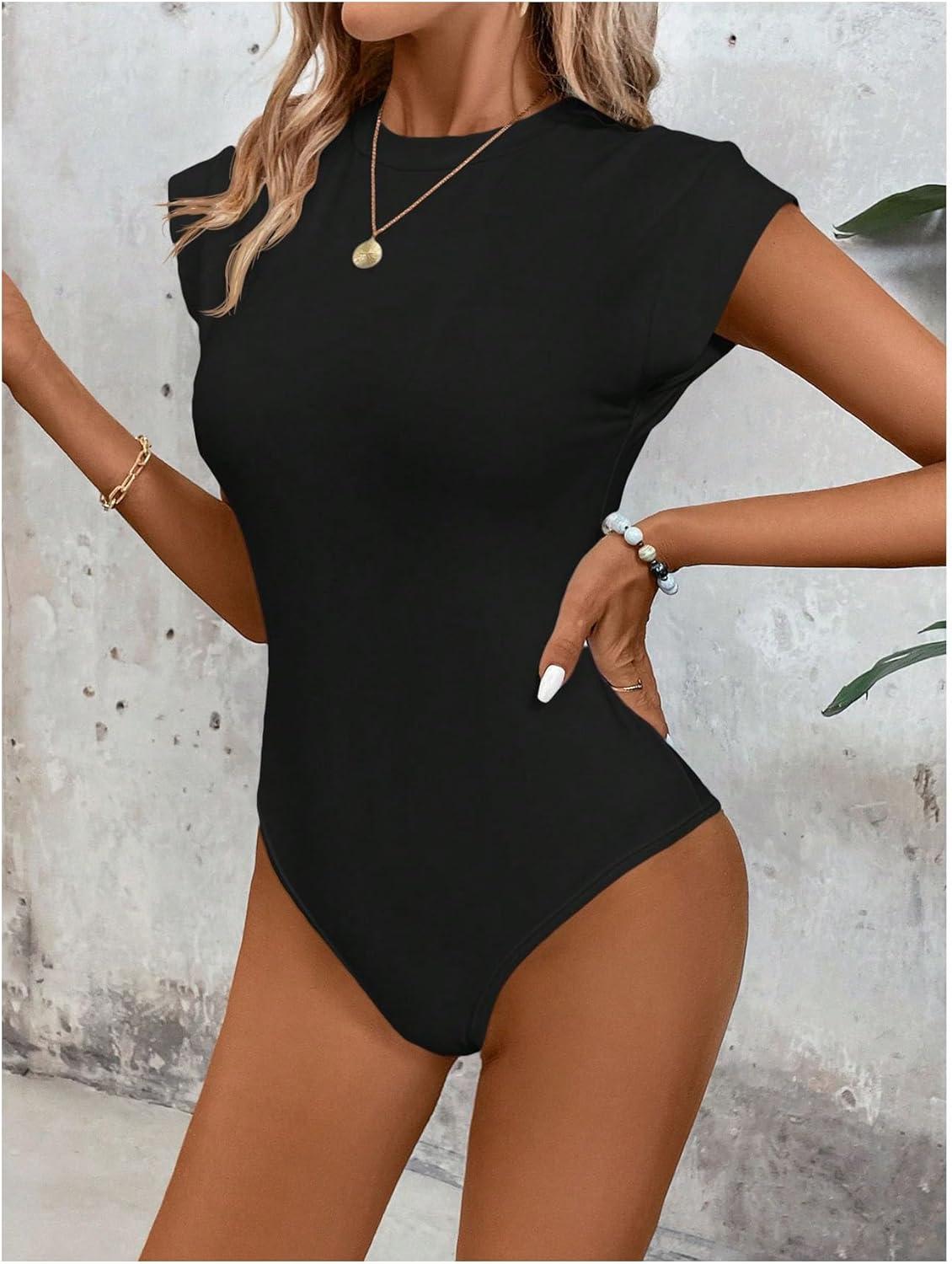imageOYOANGLE Womens Cap Sleeve Shoulder Padded Bodysuit Top Crew Neck Fitted T Shirt Body SuitsBlack