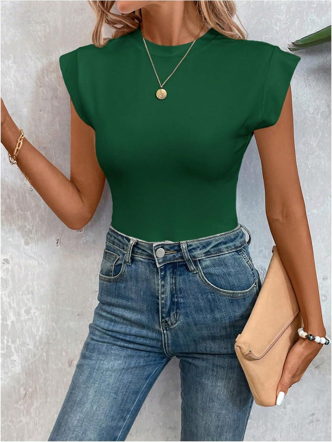 imageOYOANGLE Womens Cap Sleeve Shoulder Padded Bodysuit Top Crew Neck Fitted T Shirt Body SuitsDark Green