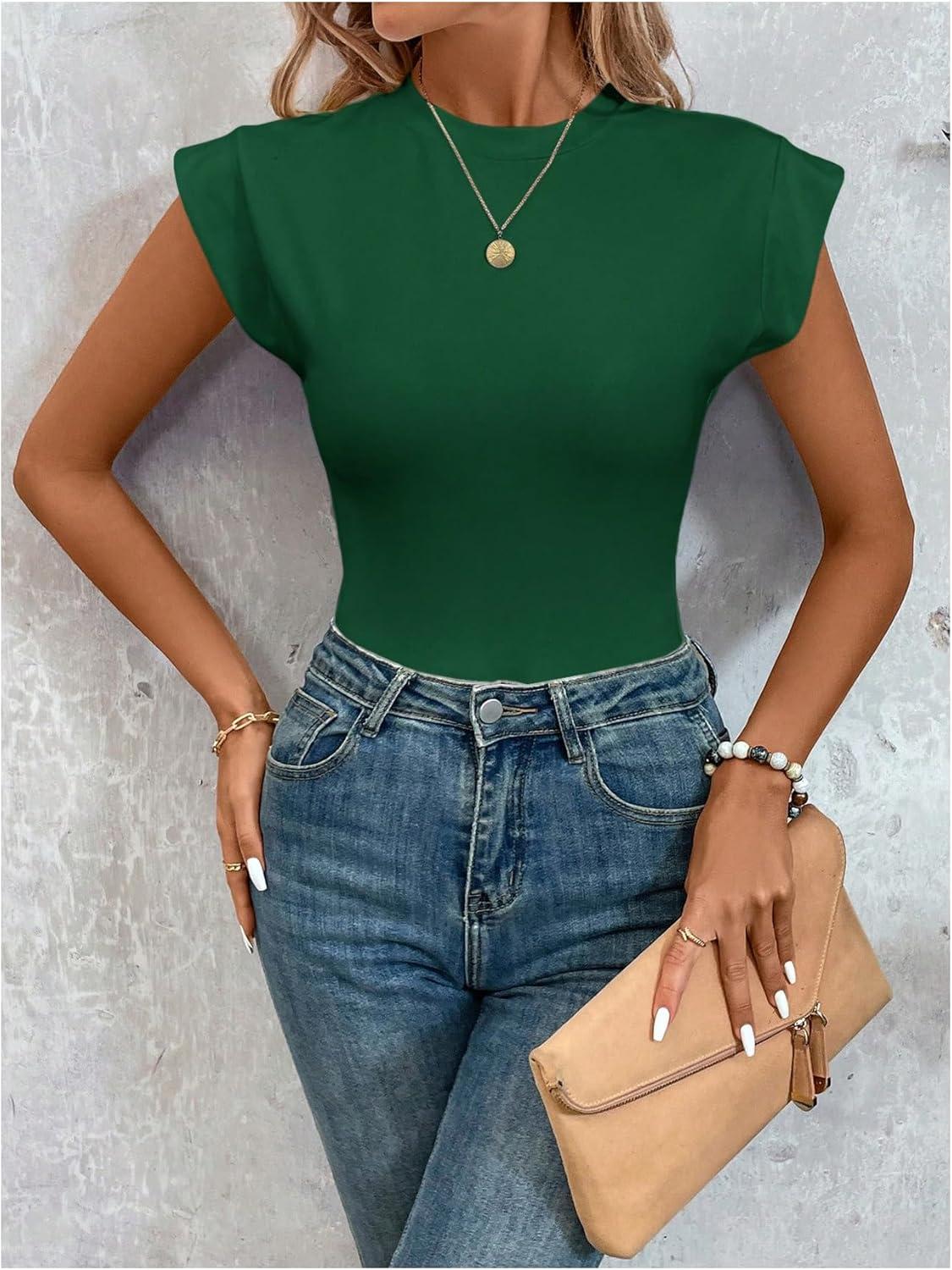 imageOYOANGLE Womens Cap Sleeve Shoulder Padded Bodysuit Top Crew Neck Fitted T Shirt Body SuitsDark Green