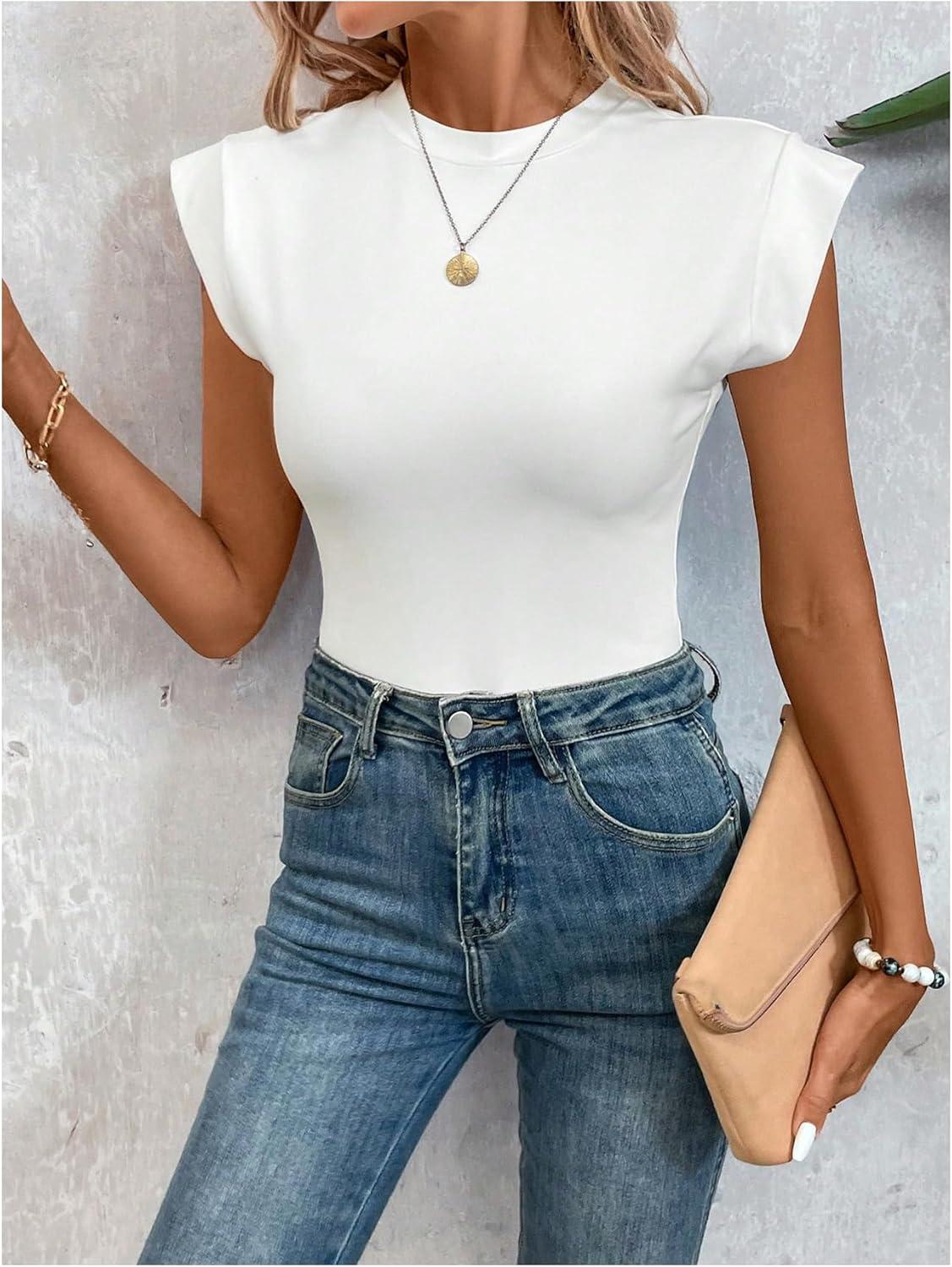 imageOYOANGLE Womens Cap Sleeve Shoulder Padded Bodysuit Top Crew Neck Fitted T Shirt Body SuitsWhite