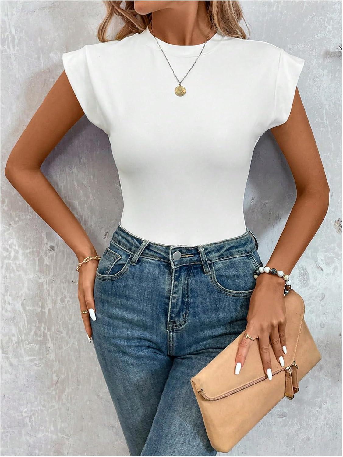 imageOYOANGLE Womens Cap Sleeve Shoulder Padded Bodysuit Top Crew Neck Fitted T Shirt Body SuitsWhite