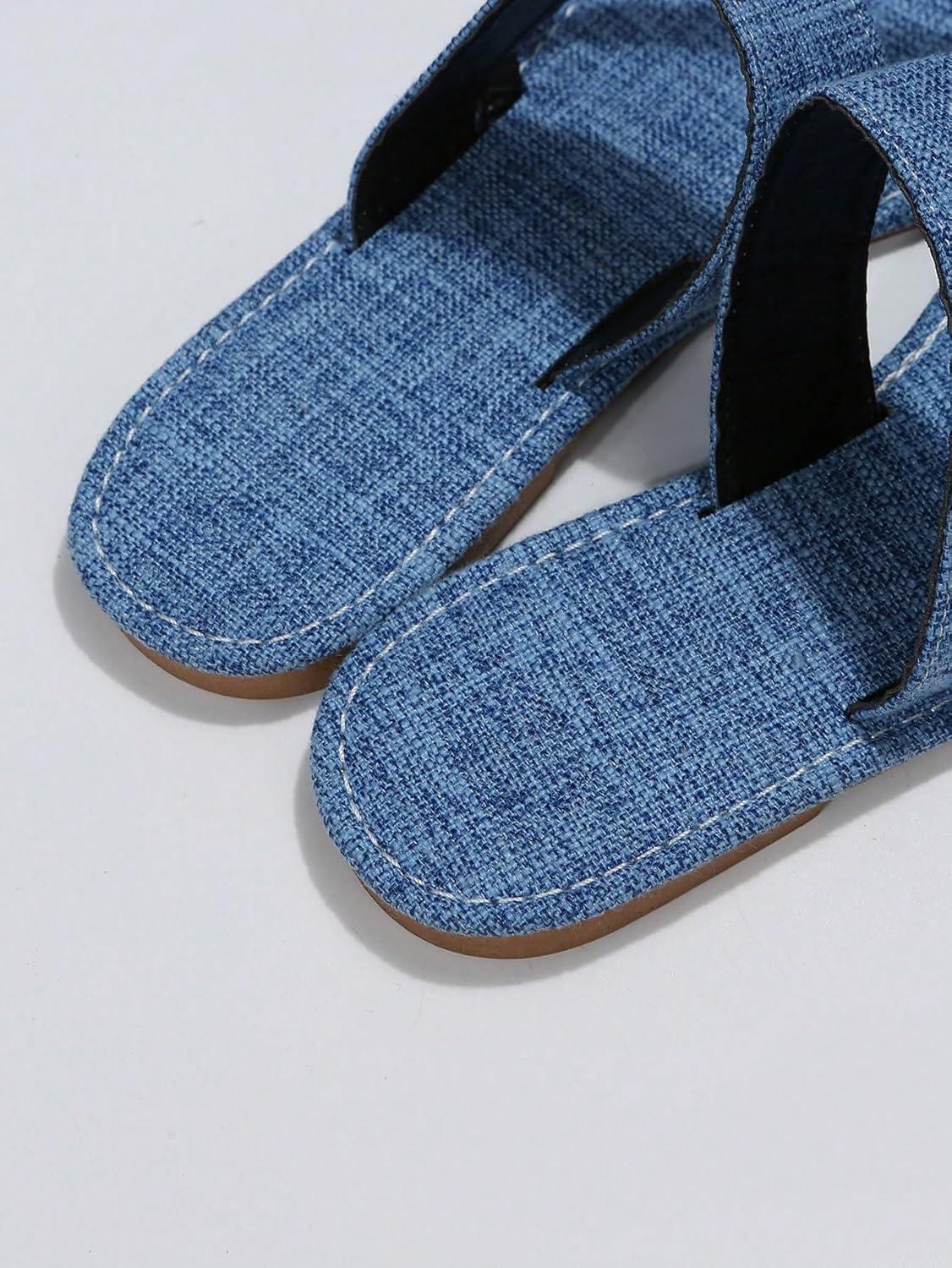 imageOYOANGLE Womens Demin Toe Ring Flat Sandals Strappy Casual Trendy Outdoor Slippers Summer Slip OnBlue