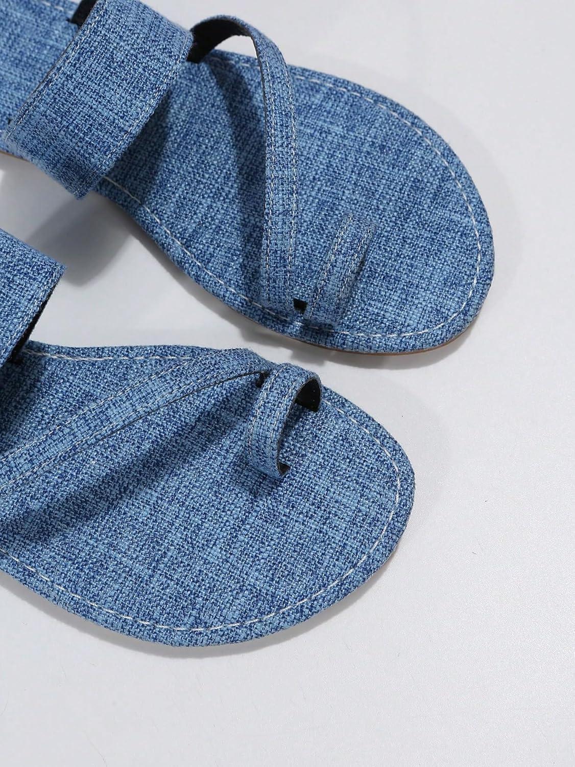 imageOYOANGLE Womens Demin Toe Ring Flat Sandals Strappy Casual Trendy Outdoor Slippers Summer Slip OnBlue