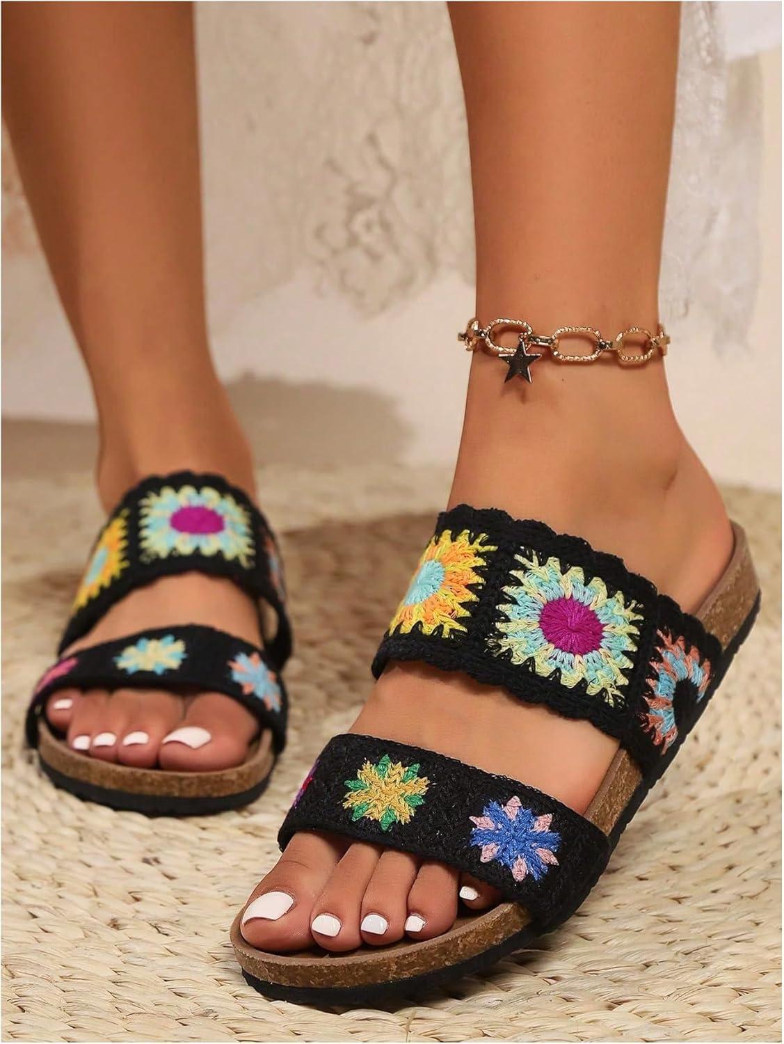 imageOYOANGLE Womens Floral Crochet Sandals Open Toe Double Strap Flat Sandals Slip On Outdoor Casual SlidesBlack