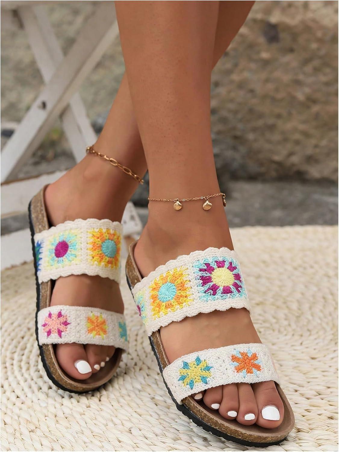 imageOYOANGLE Womens Floral Crochet Sandals Open Toe Double Strap Flat Sandals Slip On Outdoor Casual SlidesWhite and Yellow