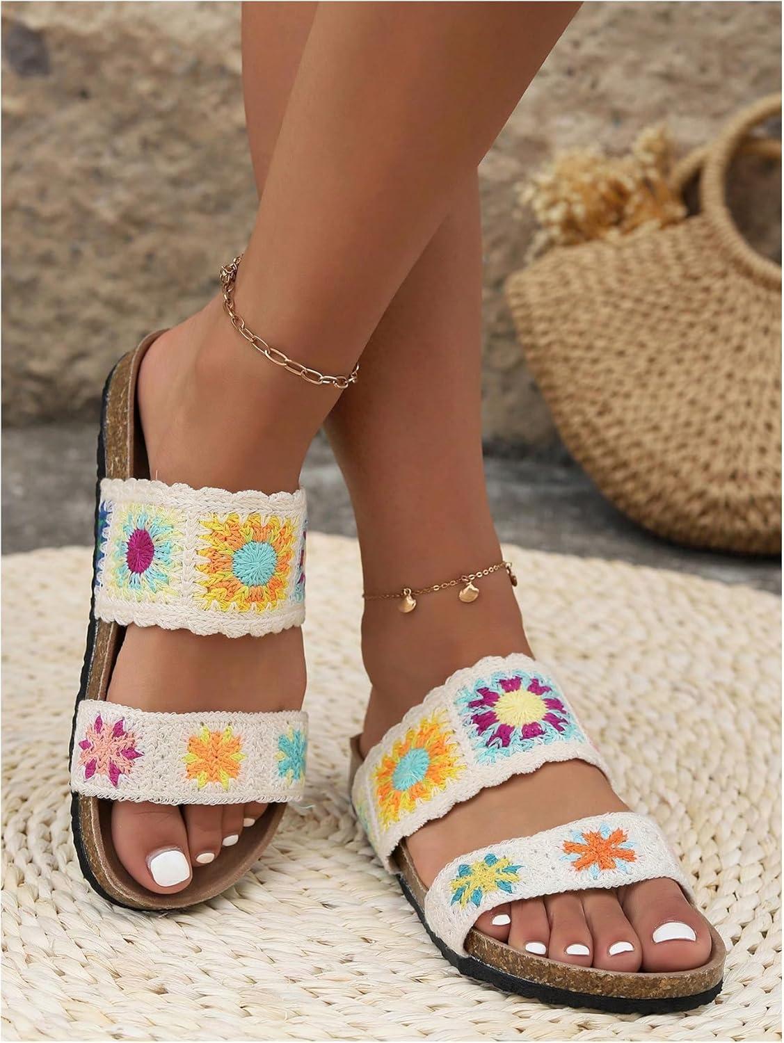 imageOYOANGLE Womens Floral Crochet Sandals Open Toe Double Strap Flat Sandals Slip On Outdoor Casual SlidesWhite and Yellow
