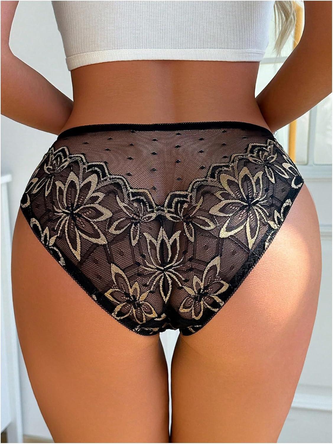 imageOYOANGLE Womens Floral Lace Mesh Briefs Panties Breathable Comfortable Mid Rise UnderwearBlack