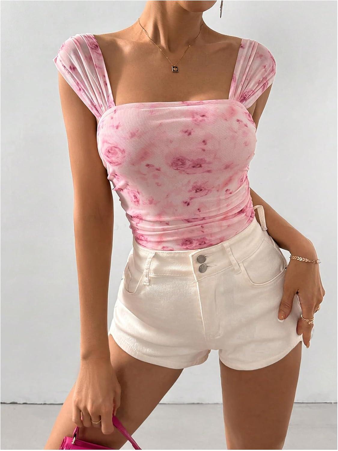 imageOYOANGLE Womens Floral Print Square Neck Mesh Bodysuit Tops Sleeveless Leotard Tank TopPink