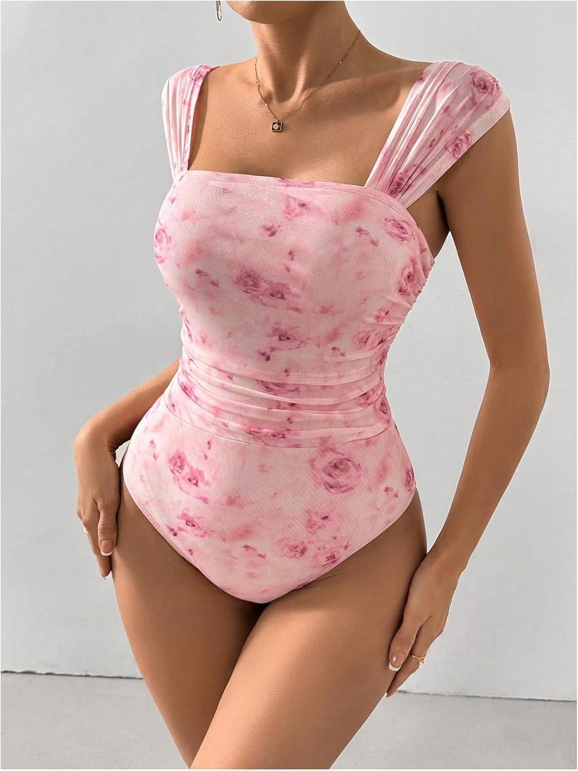 imageOYOANGLE Womens Floral Print Square Neck Mesh Bodysuit Tops Sleeveless Leotard Tank TopPink