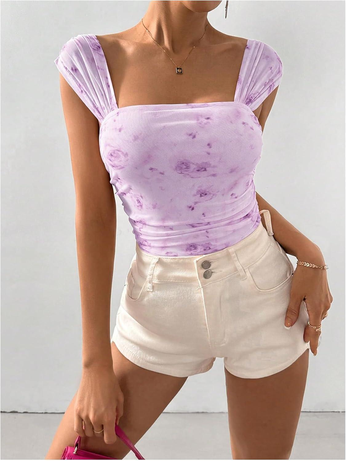 imageOYOANGLE Womens Floral Print Square Neck Mesh Bodysuit Tops Sleeveless Leotard Tank TopPurple