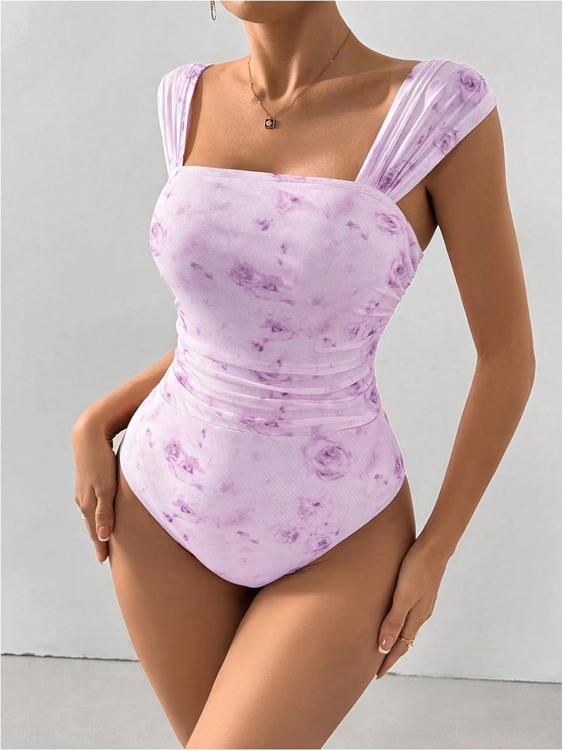 imageOYOANGLE Womens Floral Print Square Neck Mesh Bodysuit Tops Sleeveless Leotard Tank TopPurple