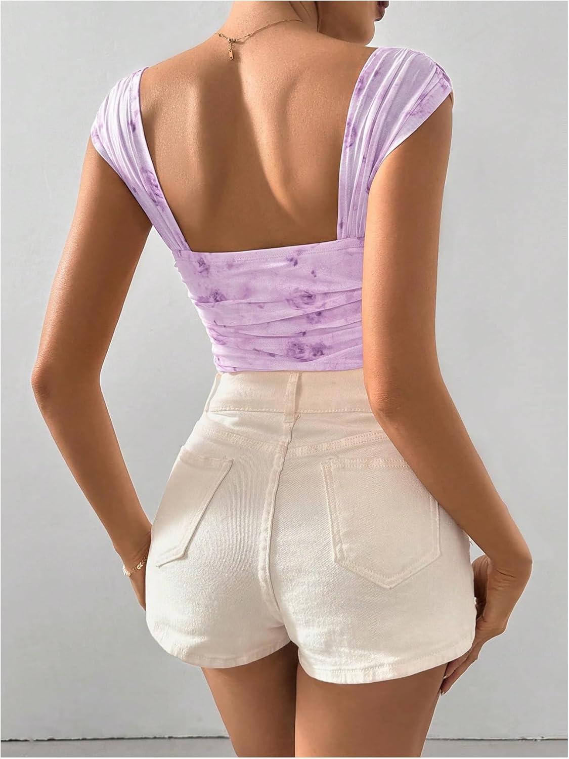 imageOYOANGLE Womens Floral Print Square Neck Mesh Bodysuit Tops Sleeveless Leotard Tank TopPurple