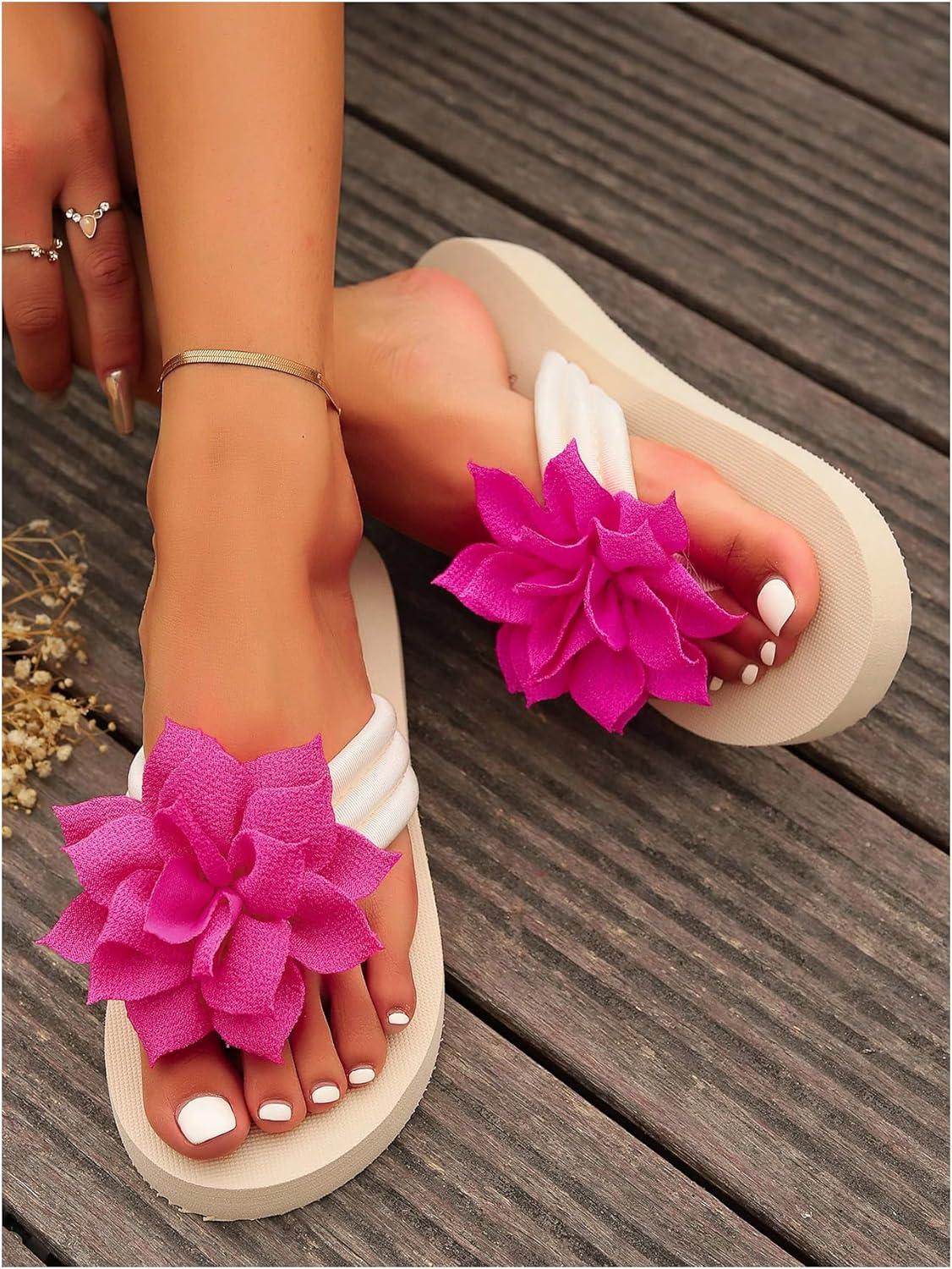 imageOYOANGLE Womens Flower Appliques Flip Flops Open Toe Nonslip Slide On Thong Sandals Comfy Flat Beach SlippersHot Pink