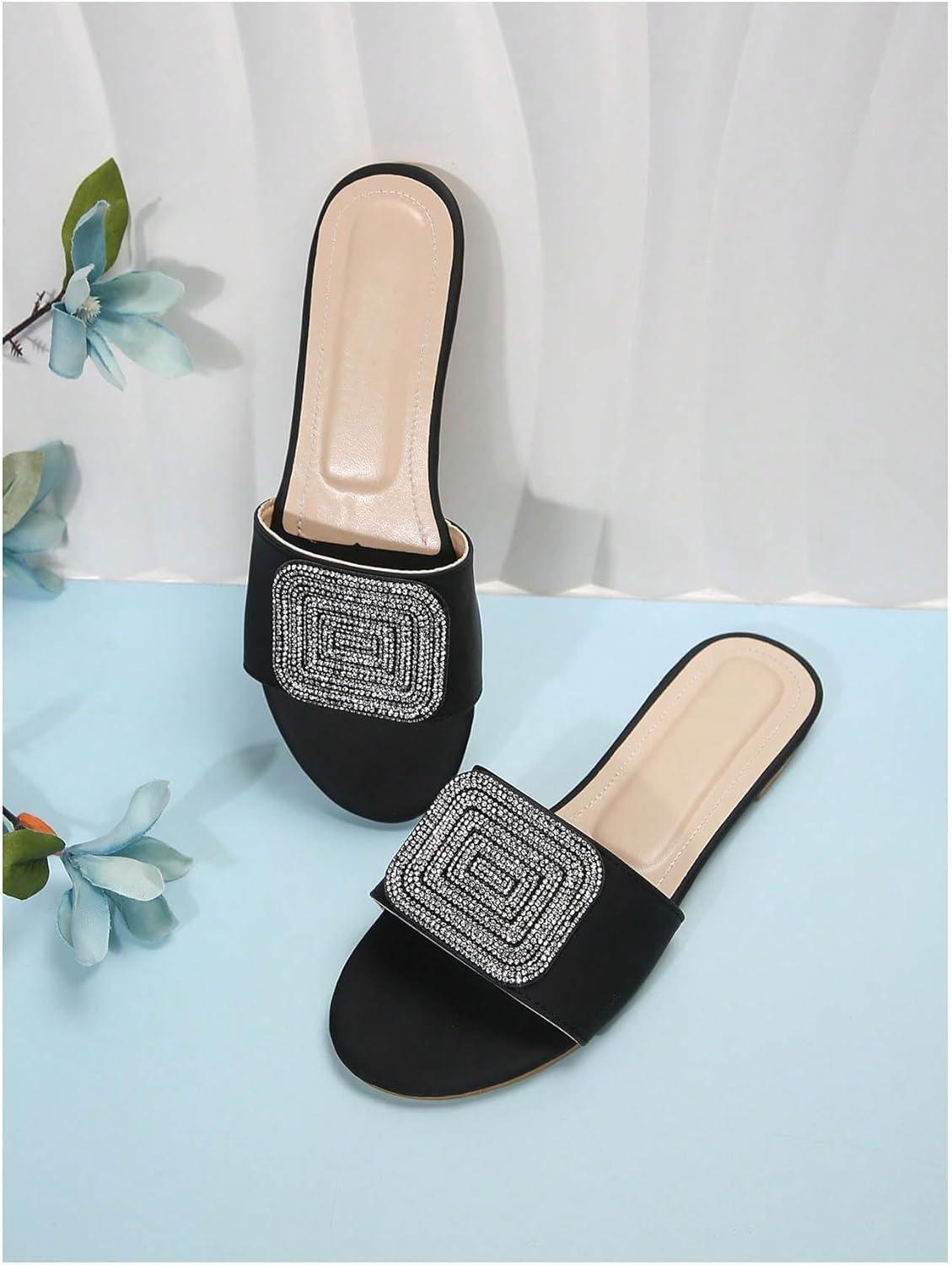imageOYOANGLE Womens Leather Rhinestone Sandals Open Toe Slip On Flats Glitter Casual Outdoor SlidesBlack