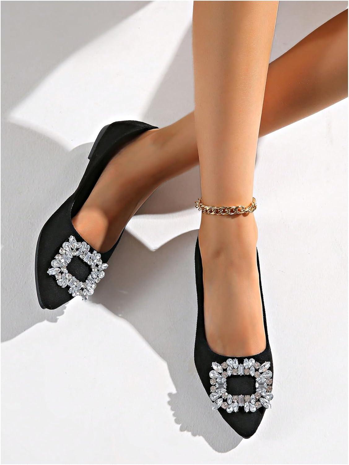 imageOYOANGLE Womens Rhinestone Ballet Flats Pointed Toe Slip On Elegant Casual Work Office Flat ShoesBlack