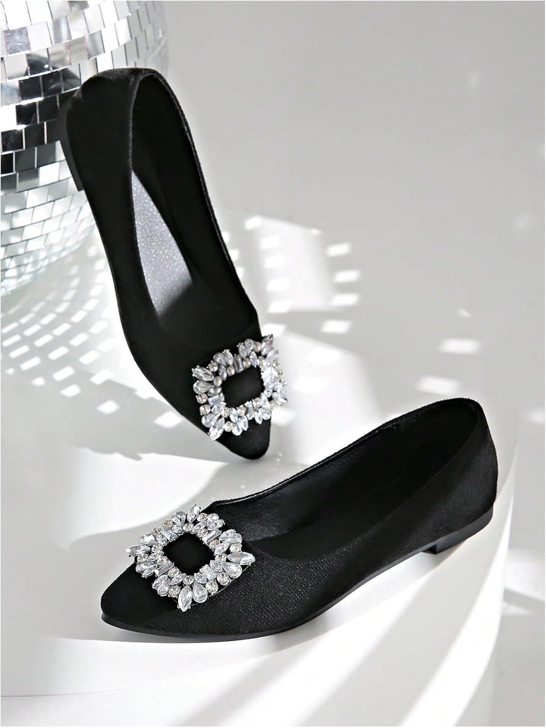 imageOYOANGLE Womens Rhinestone Ballet Flats Pointed Toe Slip On Elegant Casual Work Office Flat ShoesBlack