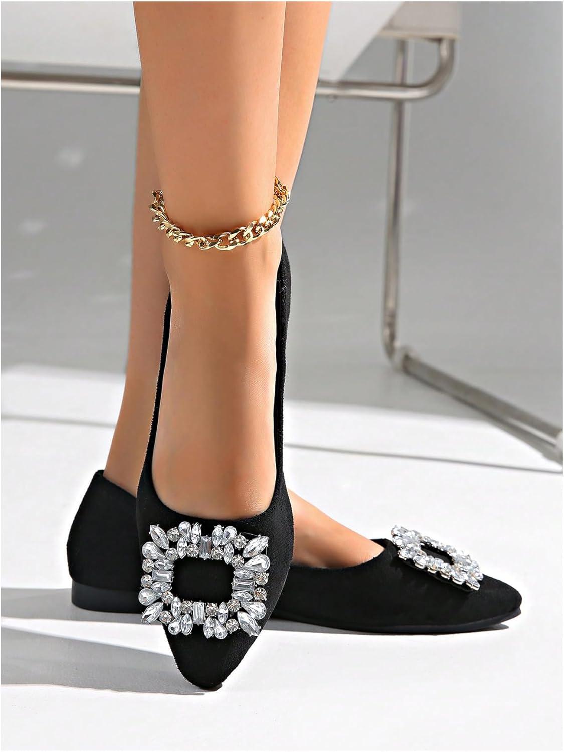 imageOYOANGLE Womens Rhinestone Ballet Flats Pointed Toe Slip On Elegant Casual Work Office Flat ShoesBlack