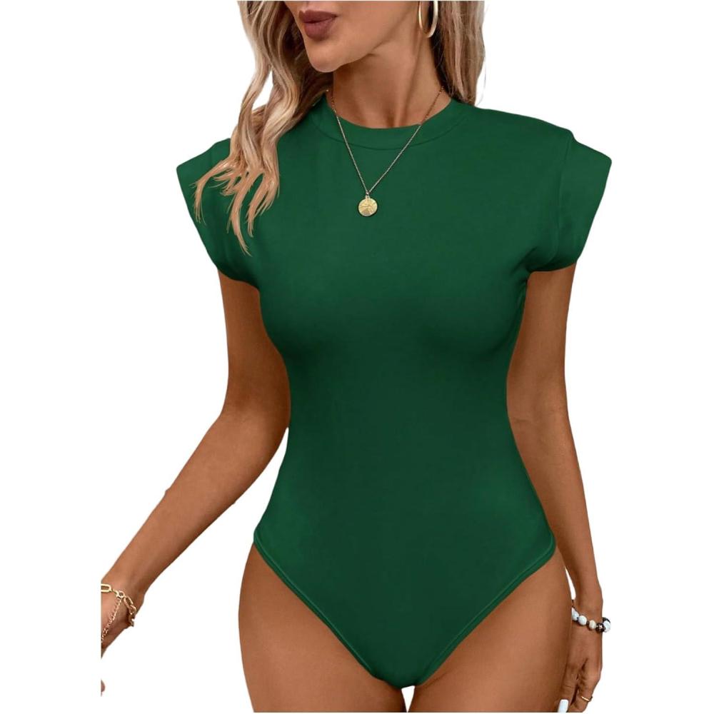 imageOYOANGLE Womens Cap Sleeve Shoulder Padded Bodysuit Top Crew Neck Fitted T Shirt Body SuitsDark Green