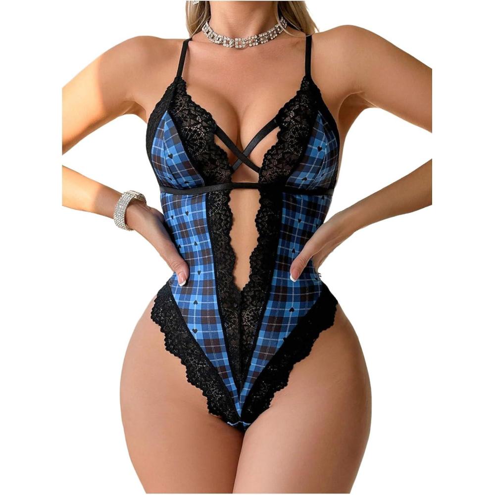 imageOYOANGLE Womens Contrast Lace Plaid Criss Cross Lingerie Bodysuit Cut Out Teddy Babydoll LeotardMulticolor