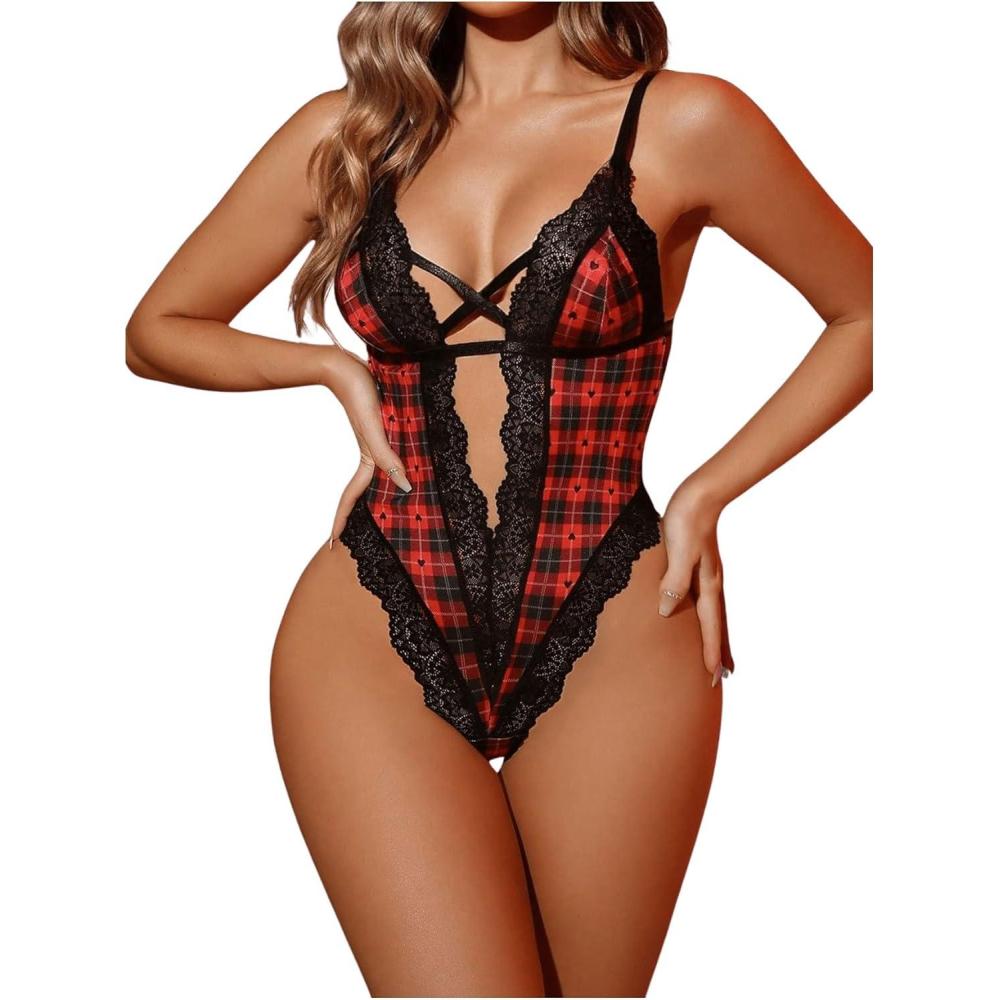 imageOYOANGLE Womens Contrast Lace Plaid Criss Cross Lingerie Bodysuit Cut Out Teddy Babydoll LeotardRed