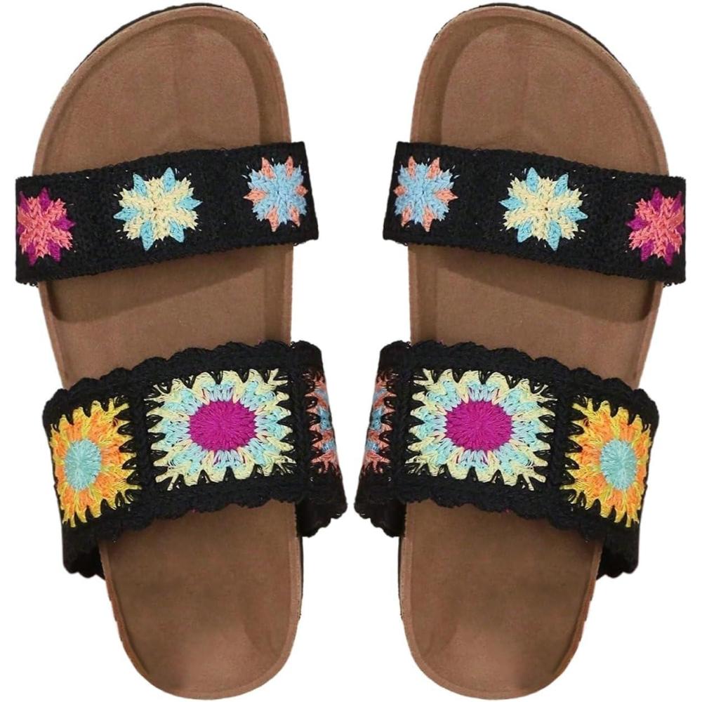 imageOYOANGLE Womens Floral Crochet Sandals Open Toe Double Strap Flat Sandals Slip On Outdoor Casual SlidesBlack