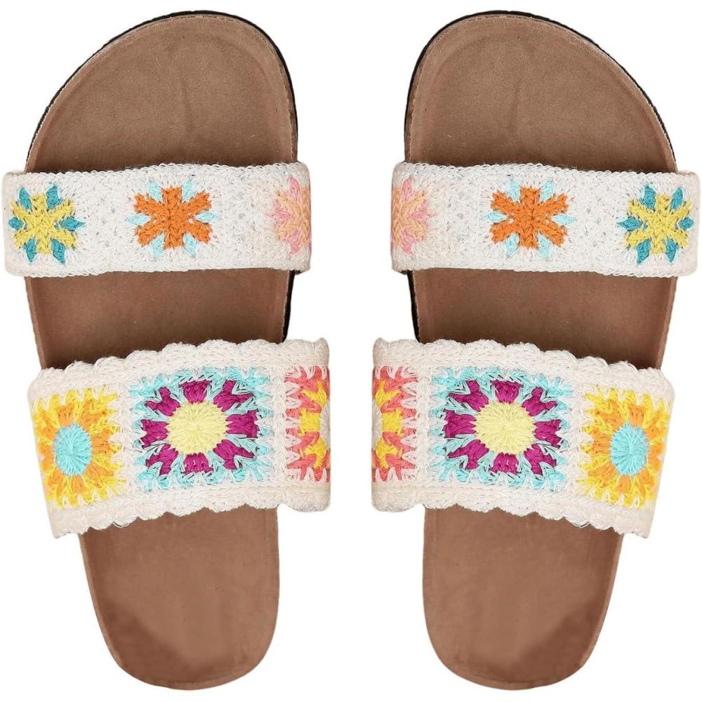 imageOYOANGLE Womens Floral Crochet Sandals Open Toe Double Strap Flat Sandals Slip On Outdoor Casual SlidesWhite and Yellow