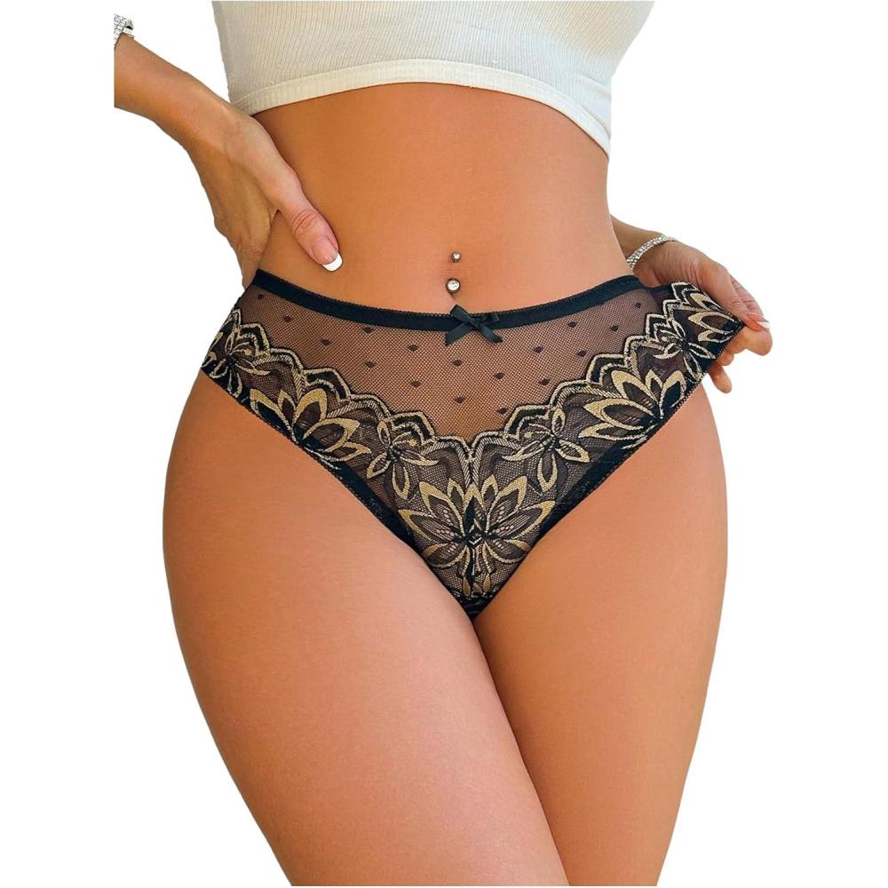imageOYOANGLE Womens Floral Lace Mesh Briefs Panties Breathable Comfortable Mid Rise UnderwearBlack