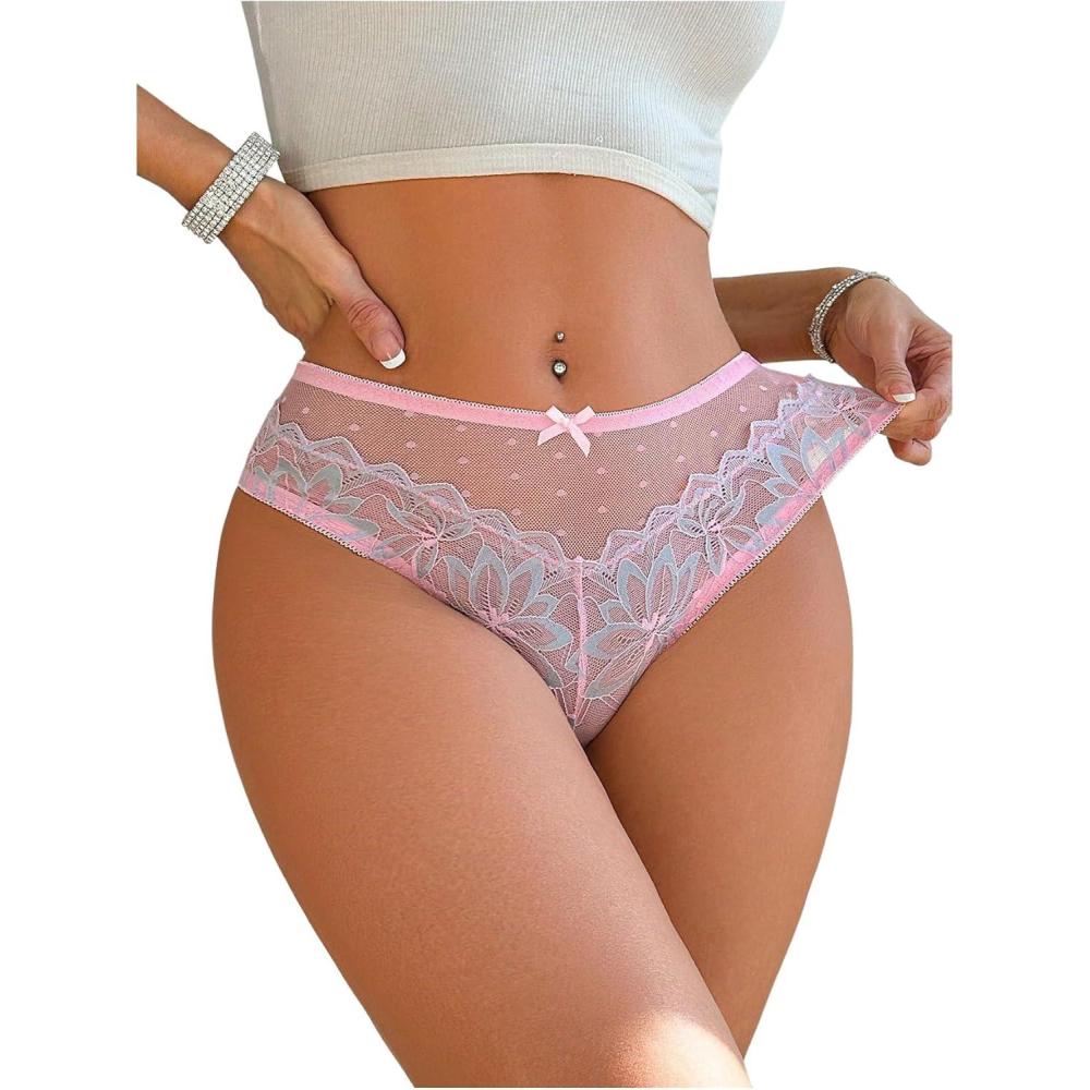 imageOYOANGLE Womens Floral Lace Mesh Briefs Panties Breathable Comfortable Mid Rise UnderwearPink