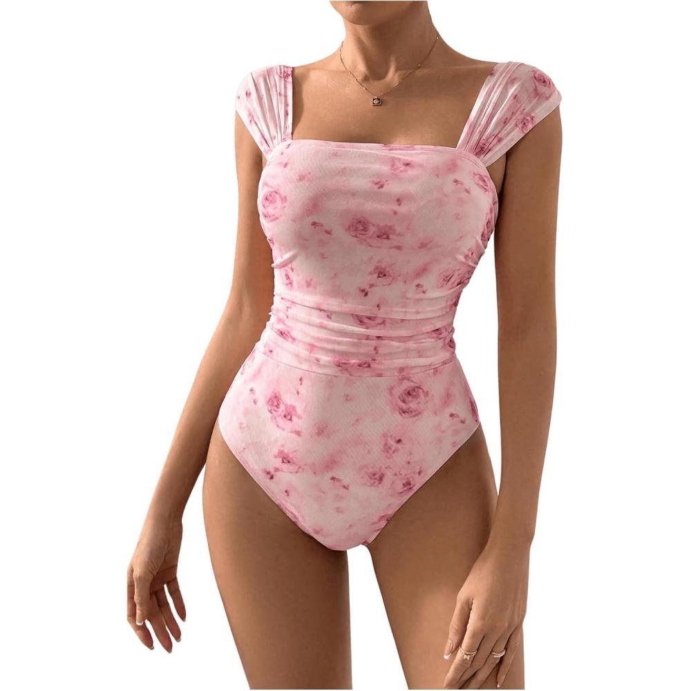 imageOYOANGLE Womens Floral Print Square Neck Mesh Bodysuit Tops Sleeveless Leotard Tank TopPink