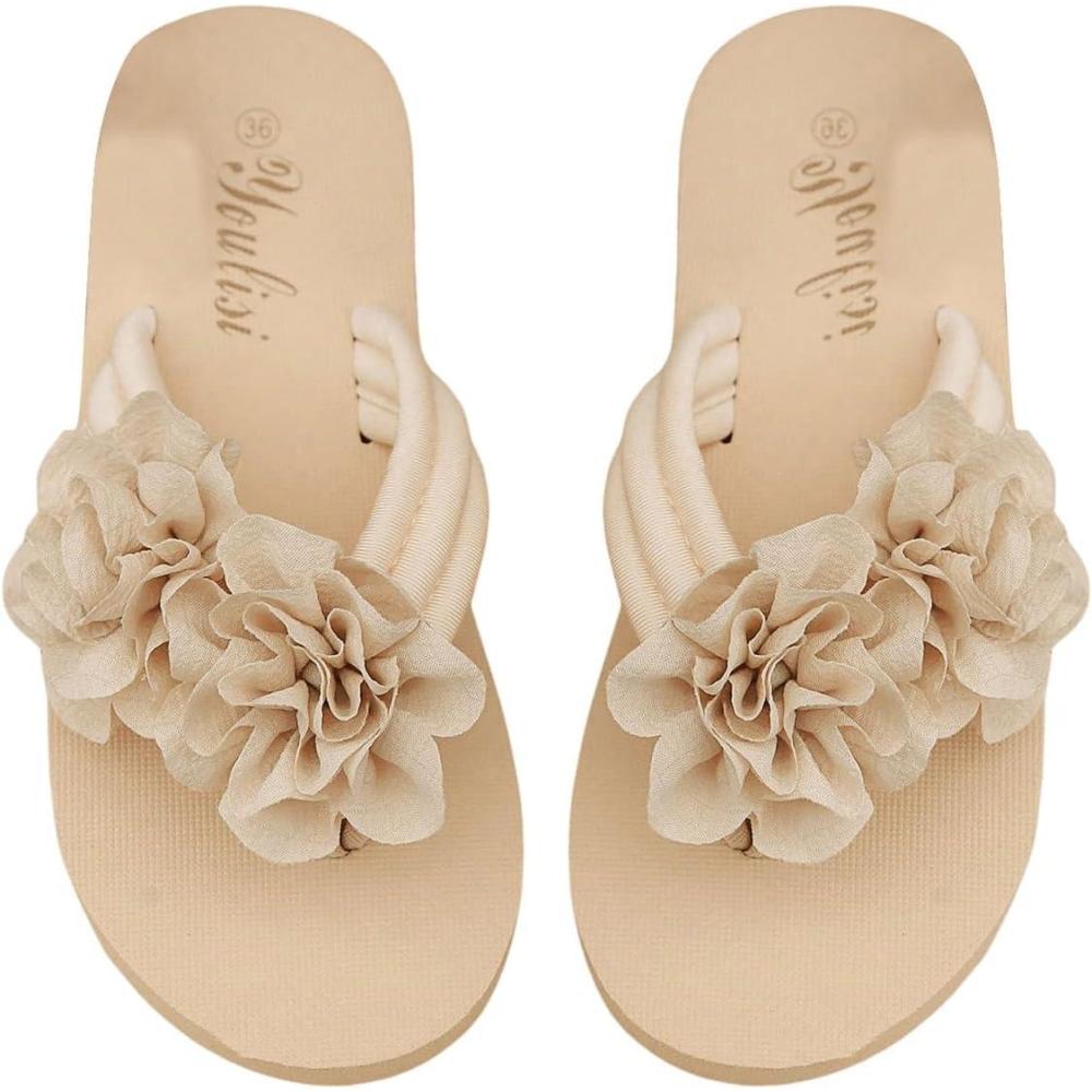 imageOYOANGLE Womens Flower Appliques Flip Flops Open Toe Nonslip Slide On Thong Sandals Comfy Flat Beach SlippersBeige