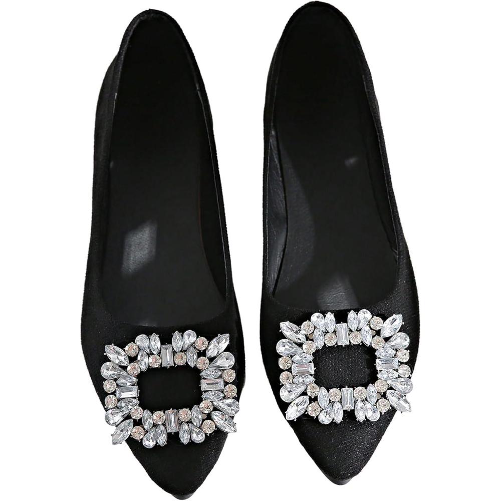 imageOYOANGLE Womens Rhinestone Ballet Flats Pointed Toe Slip On Elegant Casual Work Office Flat ShoesBlack