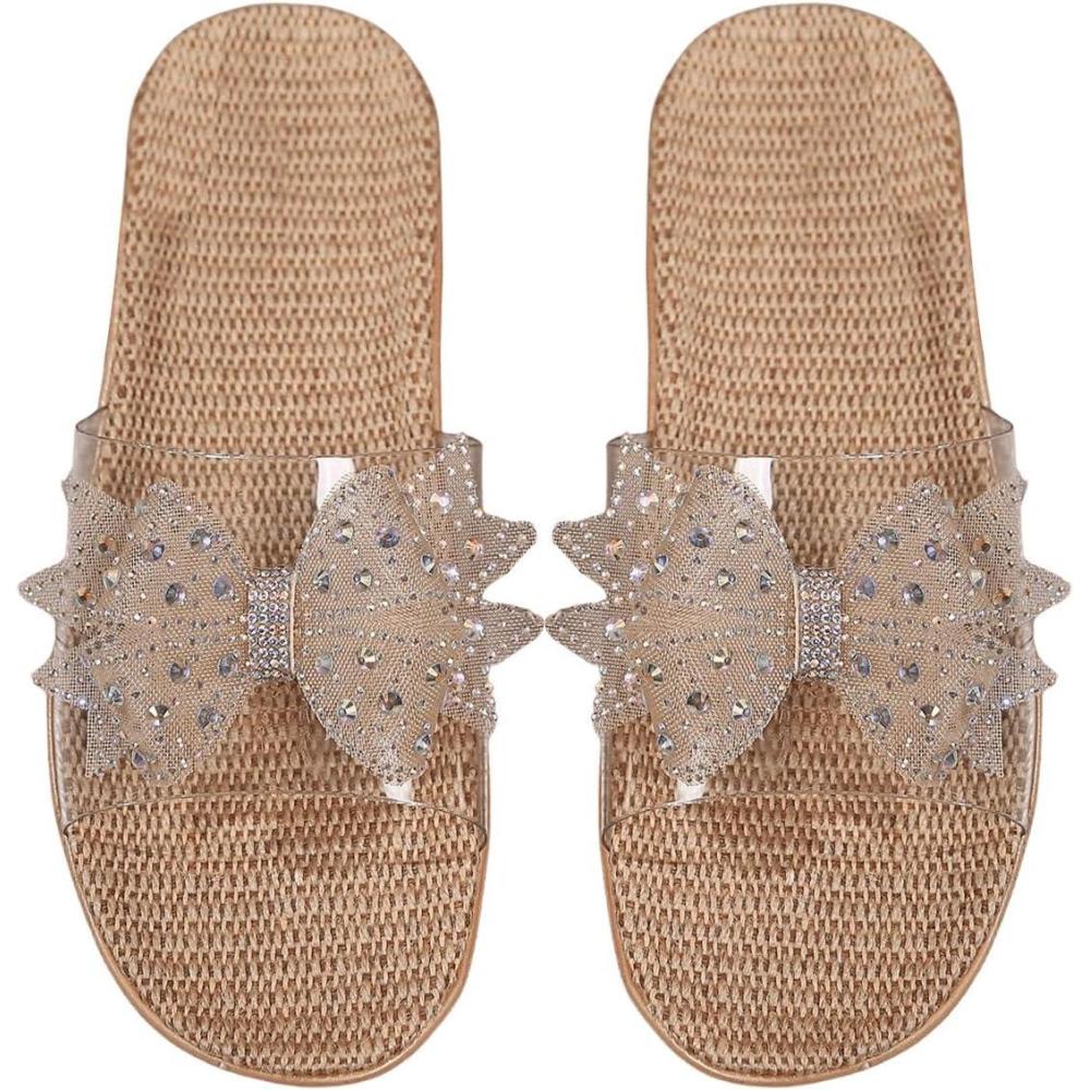 imageOYOANGLE Womens Rhinestone Sparkly Bow Slide Sandals Open Toe Clear Flat Sandal Dressy Casual SlippersClear