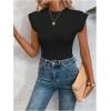 imageOYOANGLE Womens Cap Sleeve Shoulder Padded Bodysuit Top Crew Neck Fitted T Shirt Body SuitsBlack