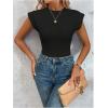 imageOYOANGLE Womens Cap Sleeve Shoulder Padded Bodysuit Top Crew Neck Fitted T Shirt Body SuitsBlack