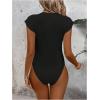 imageOYOANGLE Womens Cap Sleeve Shoulder Padded Bodysuit Top Crew Neck Fitted T Shirt Body SuitsBlack