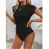 imageOYOANGLE Womens Cap Sleeve Shoulder Padded Bodysuit Top Crew Neck Fitted T Shirt Body SuitsBlack