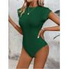 imageOYOANGLE Womens Cap Sleeve Shoulder Padded Bodysuit Top Crew Neck Fitted T Shirt Body SuitsDark Green