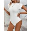 imageOYOANGLE Womens Cap Sleeve Shoulder Padded Bodysuit Top Crew Neck Fitted T Shirt Body SuitsWhite