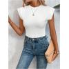 imageOYOANGLE Womens Cap Sleeve Shoulder Padded Bodysuit Top Crew Neck Fitted T Shirt Body SuitsWhite
