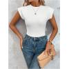 imageOYOANGLE Womens Cap Sleeve Shoulder Padded Bodysuit Top Crew Neck Fitted T Shirt Body SuitsWhite