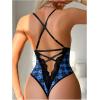 imageOYOANGLE Womens Contrast Lace Plaid Criss Cross Lingerie Bodysuit Cut Out Teddy Babydoll LeotardMulticolor