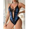 imageOYOANGLE Womens Contrast Lace Plaid Criss Cross Lingerie Bodysuit Cut Out Teddy Babydoll LeotardMulticolor