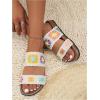 imageOYOANGLE Womens Floral Crochet Sandals Open Toe Double Strap Flat Sandals Slip On Outdoor Casual SlidesWhite and Yellow