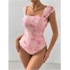 imageOYOANGLE Womens Floral Print Square Neck Mesh Bodysuit Tops Sleeveless Leotard Tank TopPink
