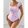imageOYOANGLE Womens Floral Print Square Neck Mesh Bodysuit Tops Sleeveless Leotard Tank TopPurple