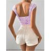 imageOYOANGLE Womens Floral Print Square Neck Mesh Bodysuit Tops Sleeveless Leotard Tank TopPurple