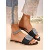imageOYOANGLE Womens Leather Rhinestone Sandals Open Toe Slip On Flats Glitter Casual Outdoor SlidesBlack
