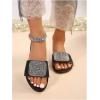 imageOYOANGLE Womens Leather Rhinestone Sandals Open Toe Slip On Flats Glitter Casual Outdoor SlidesBlack