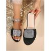 imageOYOANGLE Womens Leather Rhinestone Sandals Open Toe Slip On Flats Glitter Casual Outdoor SlidesBlack