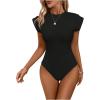imageOYOANGLE Womens Cap Sleeve Shoulder Padded Bodysuit Top Crew Neck Fitted T Shirt Body SuitsBlack